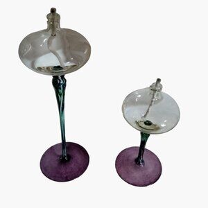 Handcrafted Glass Oil Candles Purple Base Green Swirled Stem Tall Pair